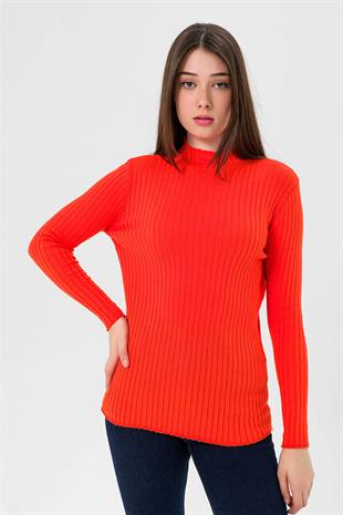 Yarım Balıkçı Yaka Fitilli Kadın Basic Kırmızı Triko Kazak