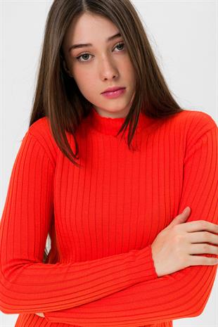 Yarım Balıkçı Yaka Fitilli Kadın Basic Kırmızı Triko Kazak