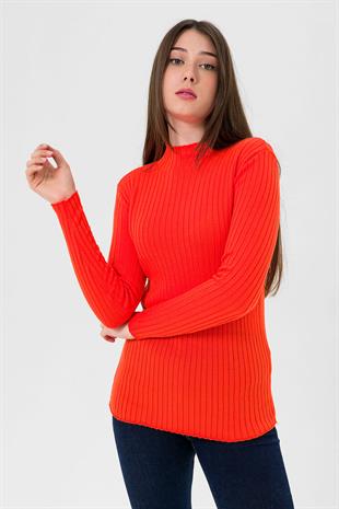 Yarım Balıkçı Yaka Fitilli Kadın Basic Kırmızı Triko Kazak