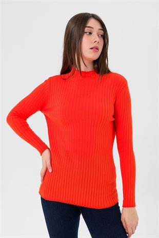 Yarım Balıkçı Yaka Fitilli Kadın Basic Kırmızı Triko Kazak