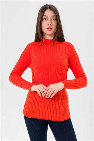 Yarım Balıkçı Yaka Fitilli Kadın Basic Kırmızı Triko Kazak