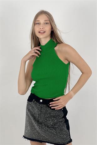 Kadın Boğazlı Balıkçı Yaka Kolsuz Kısa Açık Yeşil Triko Crop