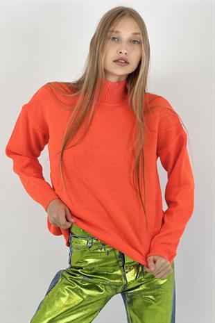Kadın Boğazlı Yarım Balıkçı Yaka Uzun Kışlık Turuncu Triko Kazak