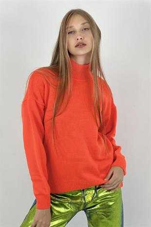 Kadın Boğazlı Yarım Balıkçı Yaka Uzun Kışlık Turuncu Triko Kazak