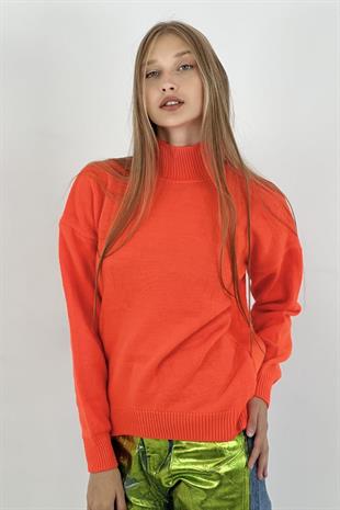 Kadın Boğazlı Yarım Balıkçı Yaka Uzun Kışlık Turuncu Triko Kazak