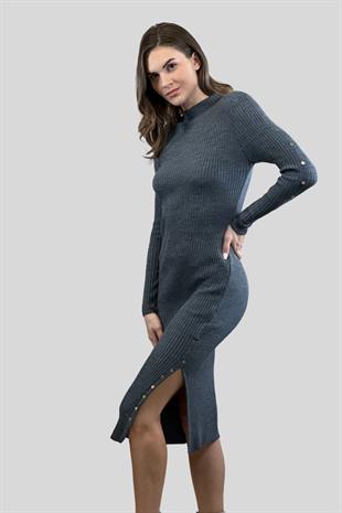 Yarım Balıkçı Yırtmaçlı Düğme Detaylı Kadın Basic Triko Elbise