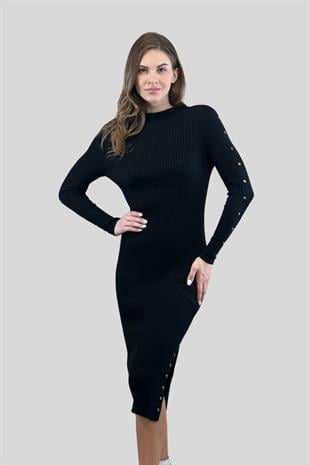 Yarım Balıkçı Yırtmaçlı Düğme Detaylı Kadın Basic Triko Elbise