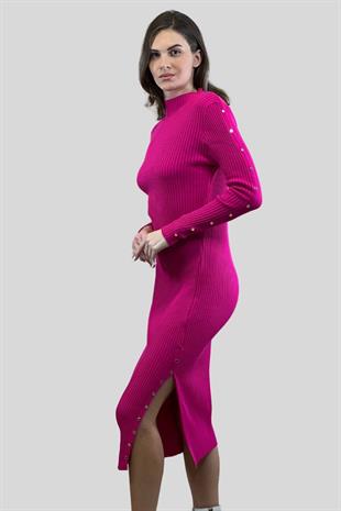 Yarım Balıkçı Yırtmaçlı Düğme Detaylı Kadın Basic Triko Elbise