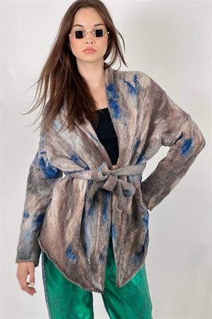 Yıkamalı Kadın Triko Hırka - Vizon 