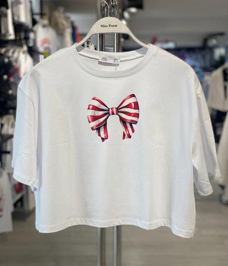 15756-15 T-SHIRT ÇİZGİLİ KURDELE BASKI