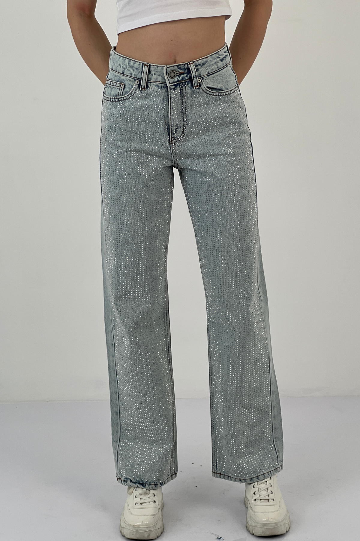 75451-10 WIDE LEG DENİM BUZ MAVİSİ/ICE BLUE ÇİFT BACAK TAŞ