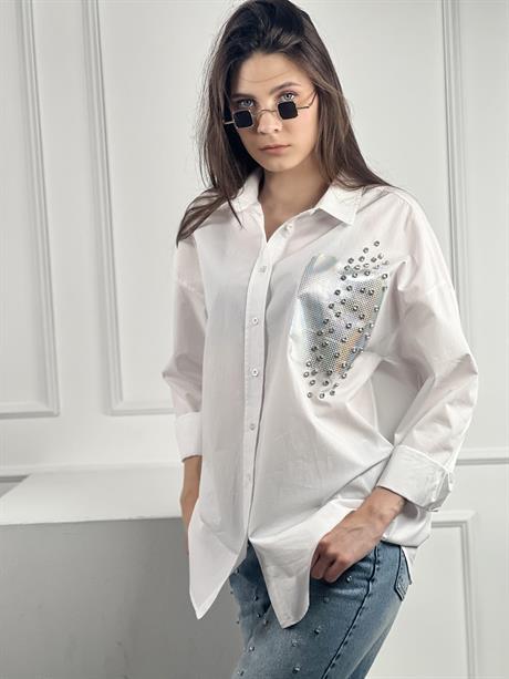 Beyaz Dökümlü Uzun Kollu Varak Baskı Ve Taş Çakım Detaylı Gömlek % 100 Cotton 27316-3 · 6