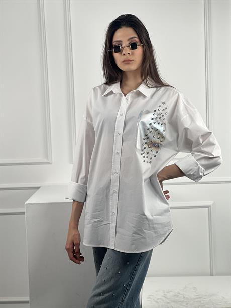Beyaz Dökümlü Uzun Kollu Varak Baskı Ve Taş Çakım Detaylı Gömlek % 100 Cotton 27316-3 · 2