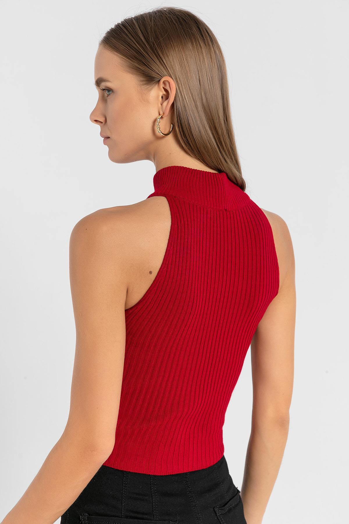 Kadın Kolsuz Slim Fit Boğazlı Fitilli Kısa Antrasit Triko Crop · 87
