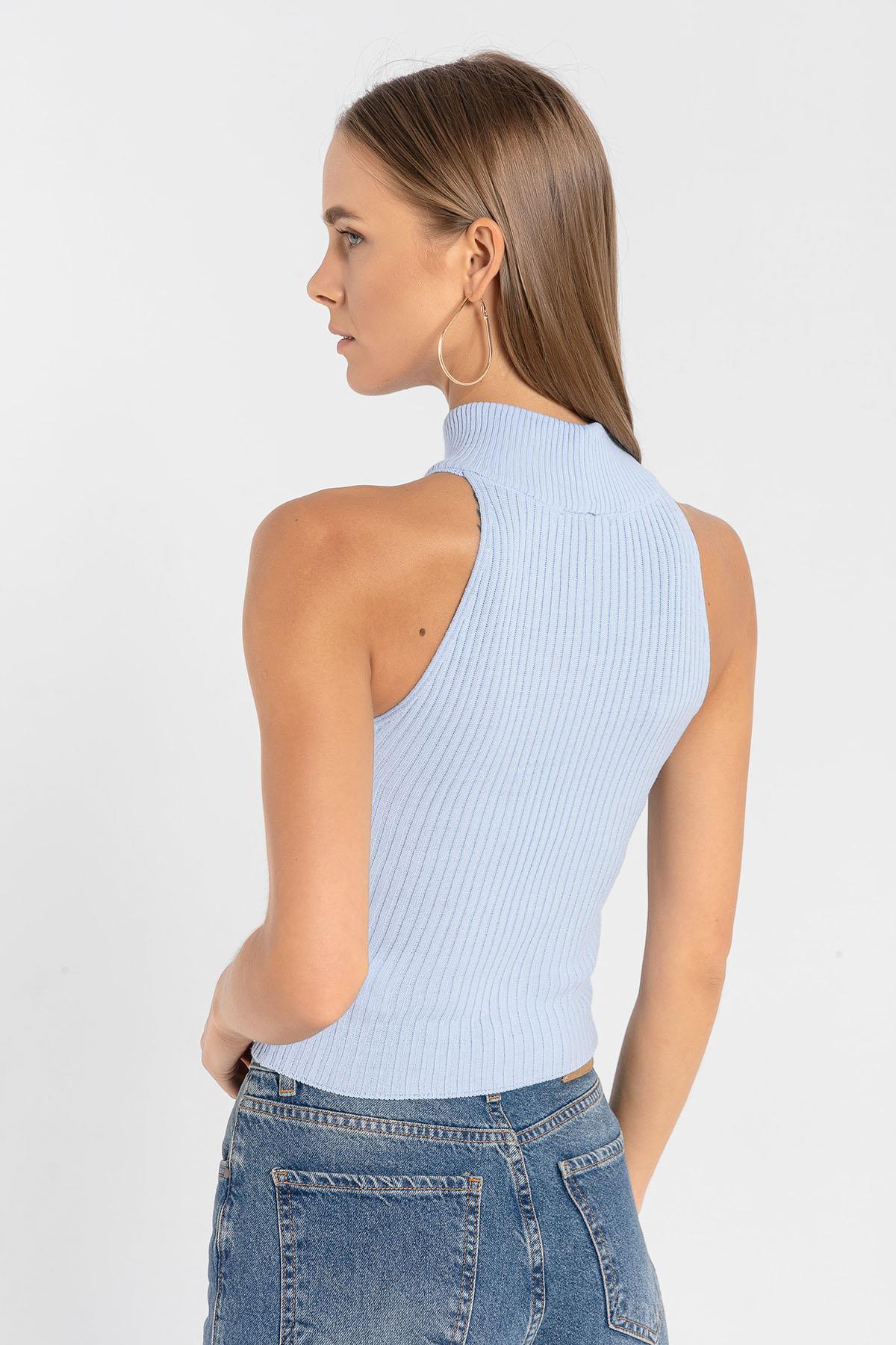 Kadın Kolsuz Slim Fit Boğazlı Fitilli Kısa Antrasit Triko Crop · 118