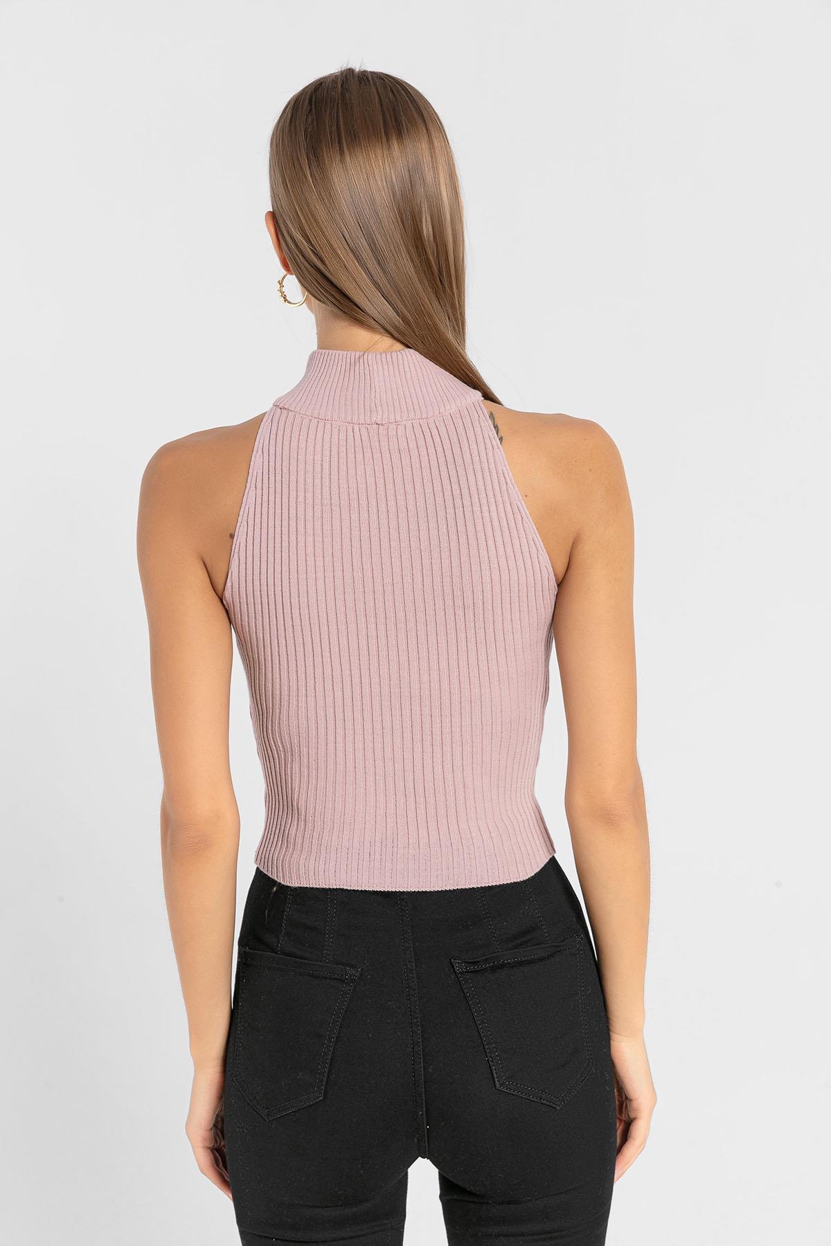 Kadın Kolsuz Slim Fit Boğazlı Fitilli Kısa Antrasit Triko Crop · 15