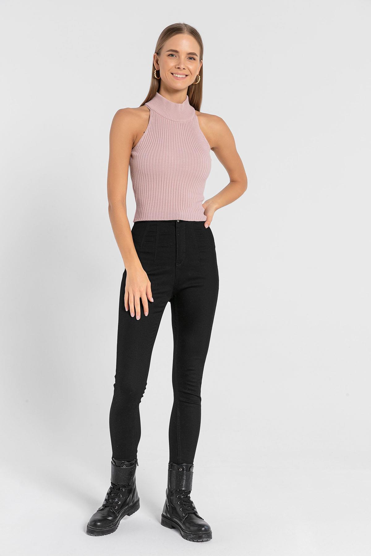 Kadın Kolsuz Slim Fit Boğazlı Fitilli Kısa Antrasit Triko Crop · 38