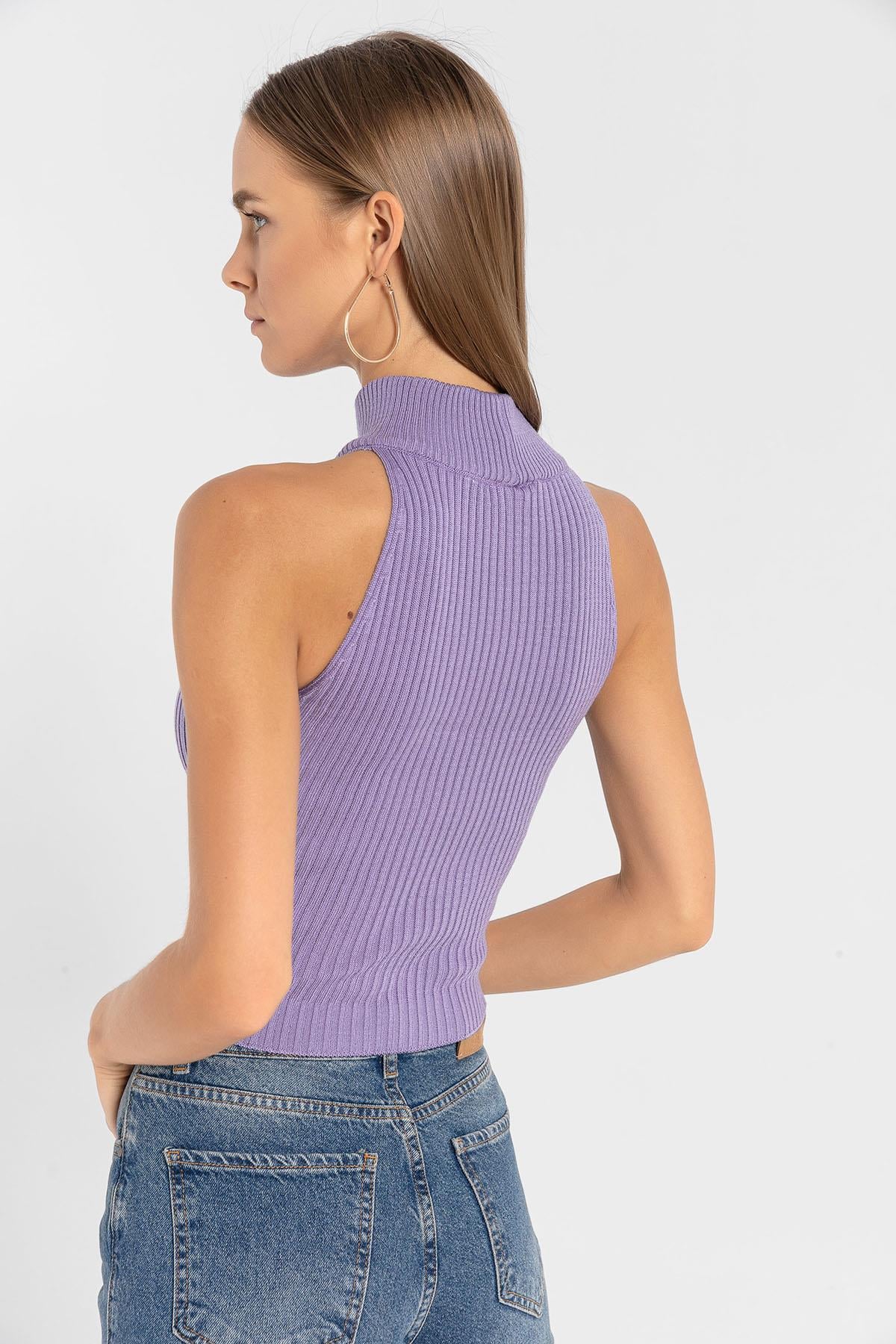 Kadın Kolsuz Slim Fit Boğazlı Fitilli Kısa Antrasit Triko Crop · 85