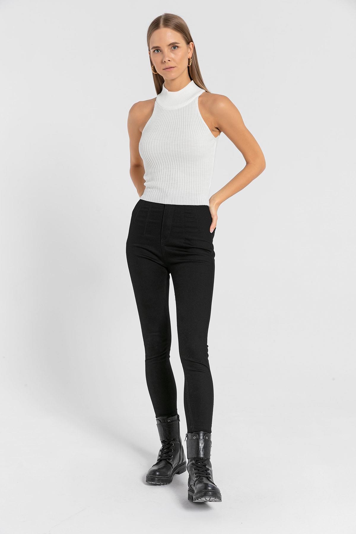 Kadın Kolsuz Slim Fit Boğazlı Fitilli Kısa Antrasit Triko Crop · 5