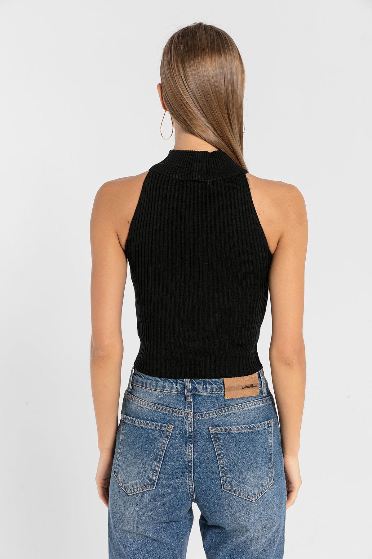 Kadın Kolsuz Slim Fit Boğazlı Fitilli Kısa Antrasit Triko Crop · 86