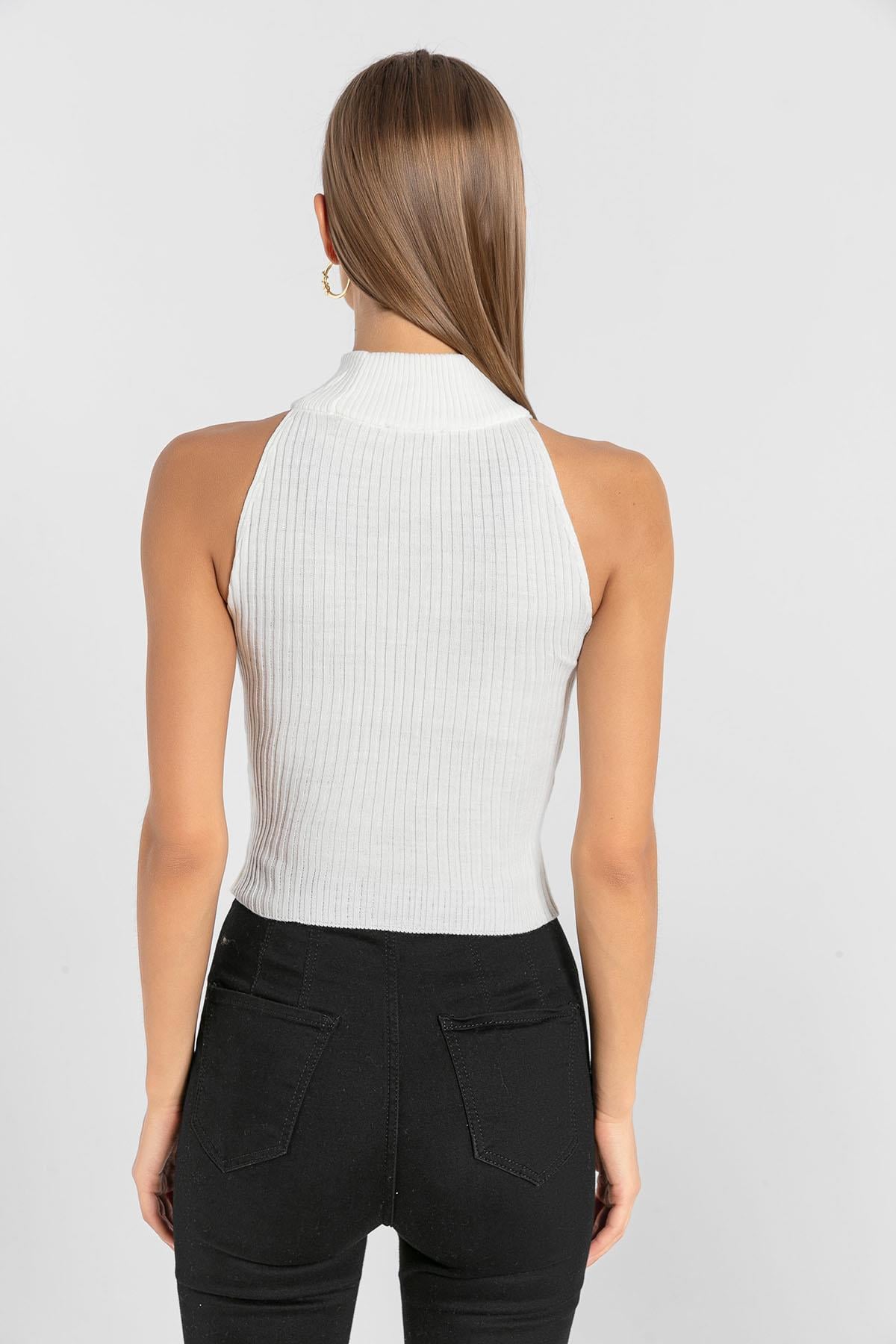 Kadın Kolsuz Slim Fit Boğazlı Fitilli Kısa Antrasit Triko Crop · 75