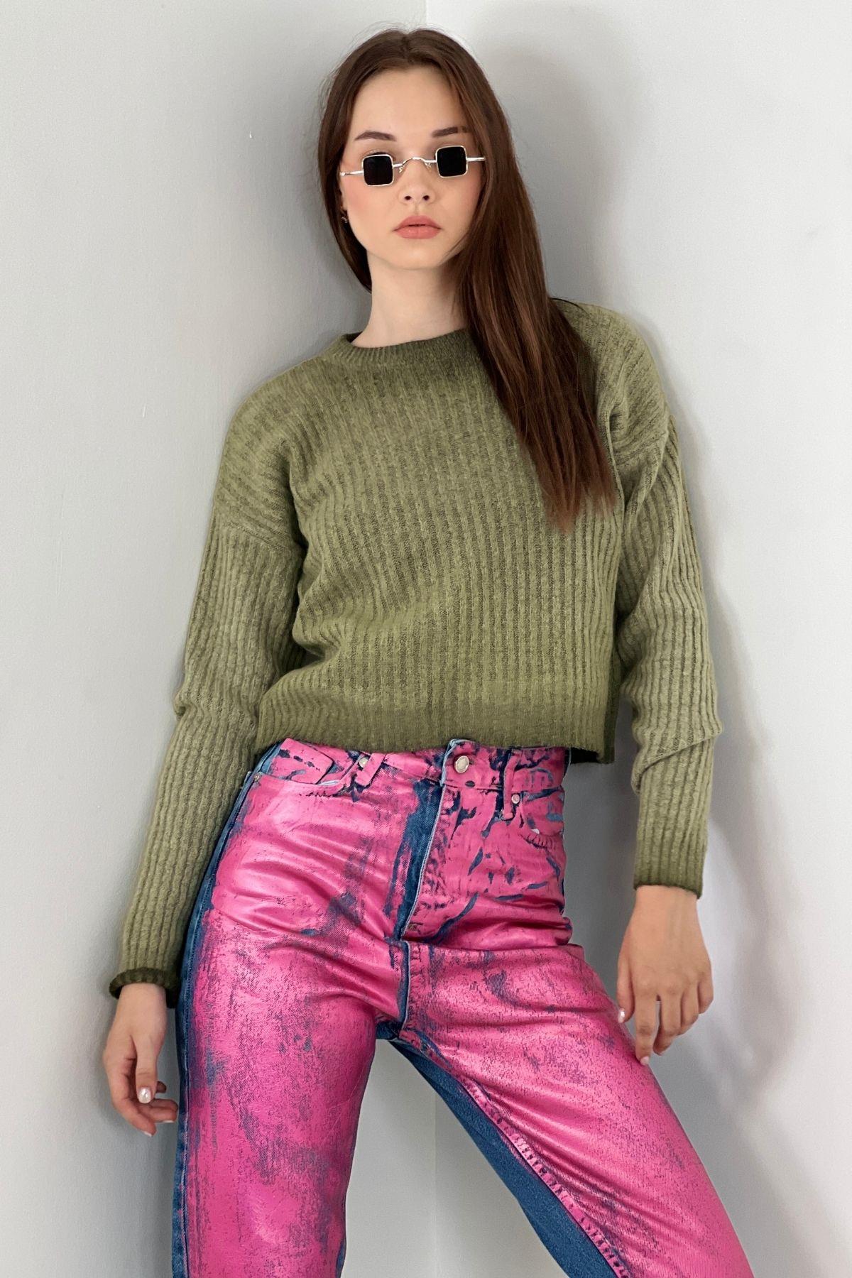 Kadın Kışlık Bisiklet Yaka Basic Oversize Uzun Haki Triko Kazak