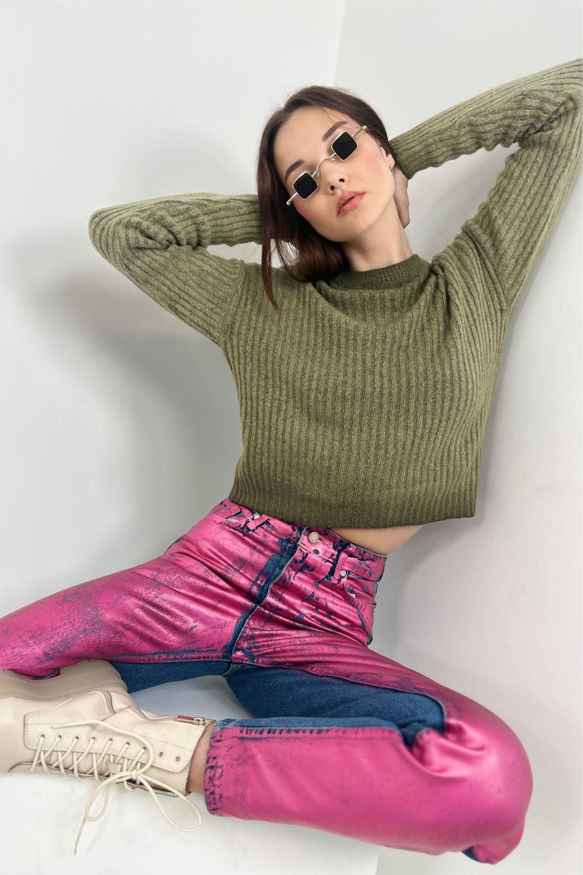 Kadın Kışlık Bisiklet Yaka Basic Oversize Uzun Haki Triko Kazak · 3