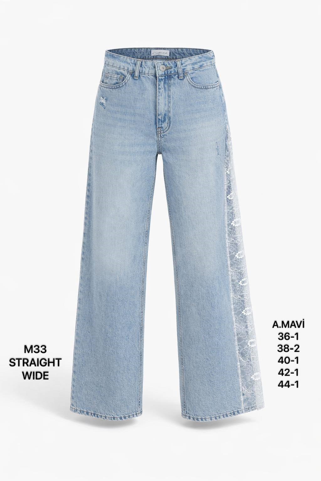 Kadın Açık Mavi Dantel Detaylı Straight Wide Jean Pantolon