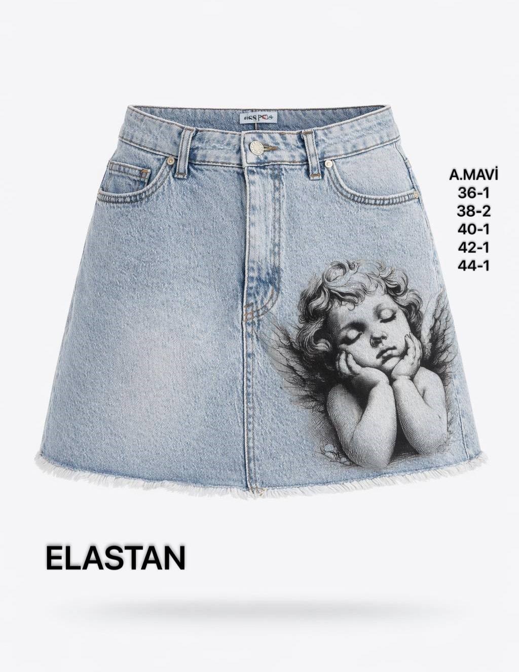 Kadın Açık Mavi Melek Baskılı Mini Jean Etek
