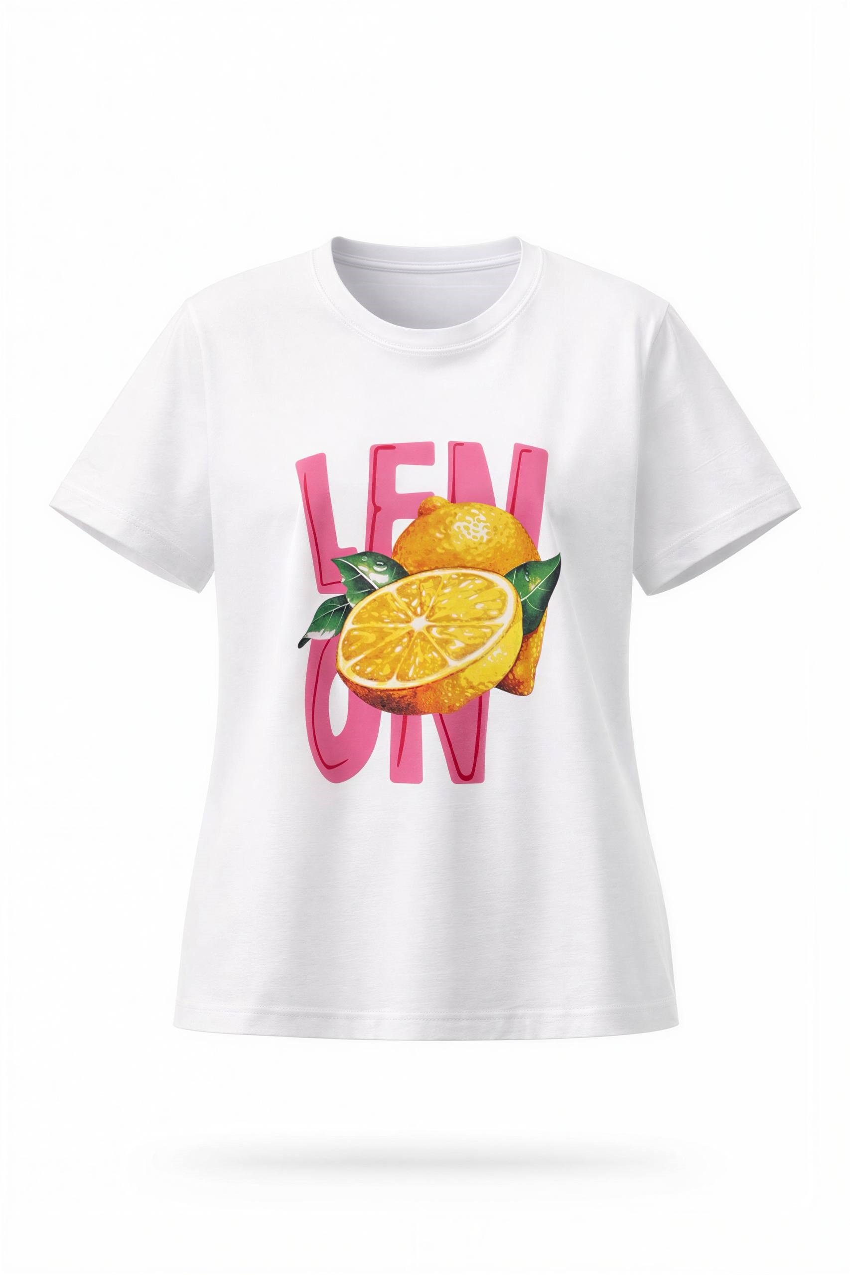 Kadın Beyaz Limon Baskılı Pamuk T-Shirt
