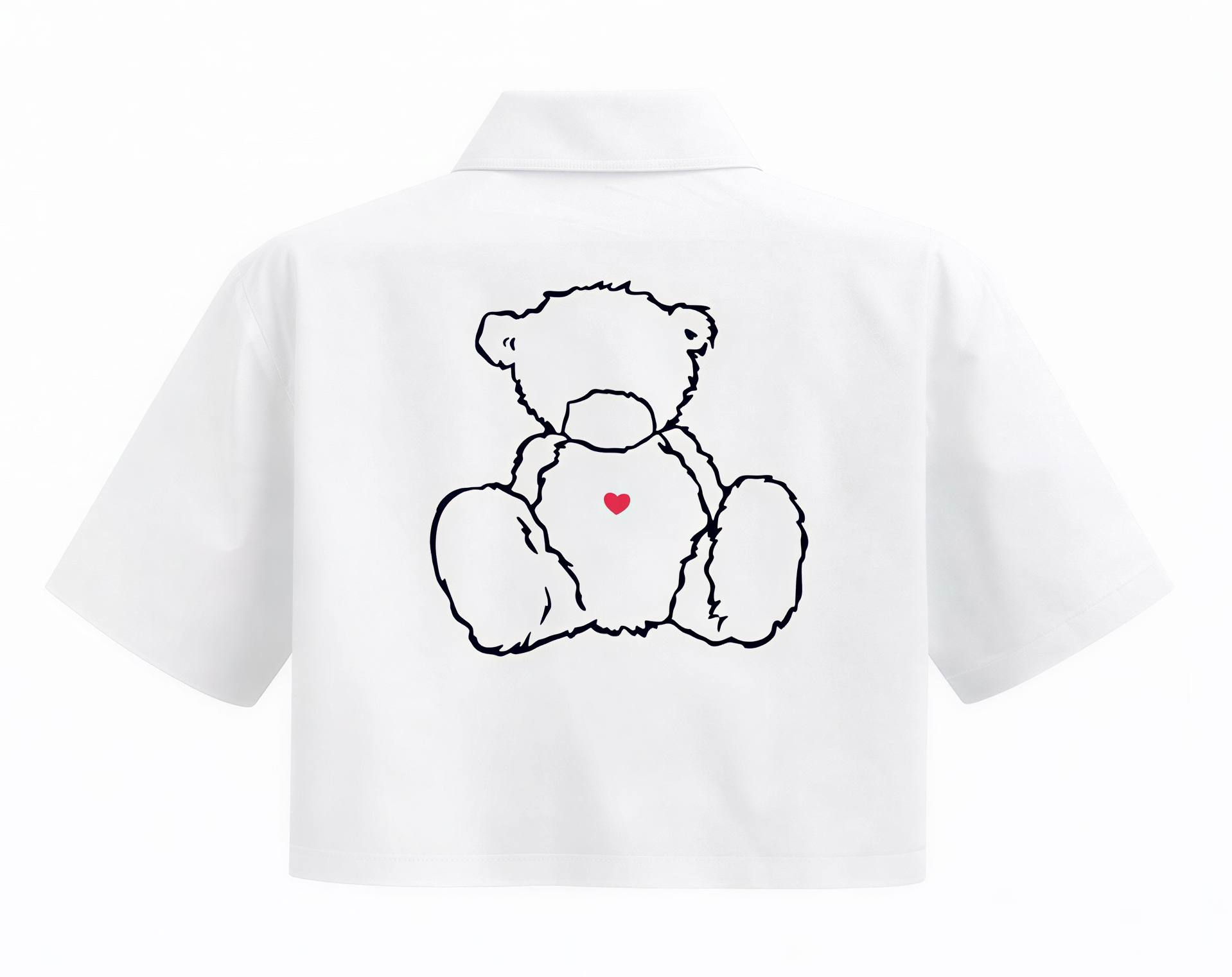 Kadın Beyaz Ön Arka Ayıcık Desenli Kısa Kol Crop Gömlek · 2