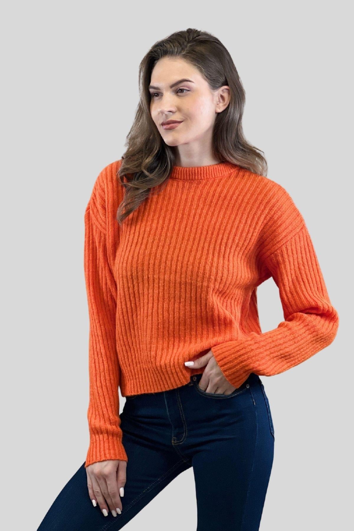 Kadın Bisiklet Yaka Oversize Kışlık Turuncu Triko Kazak · 32