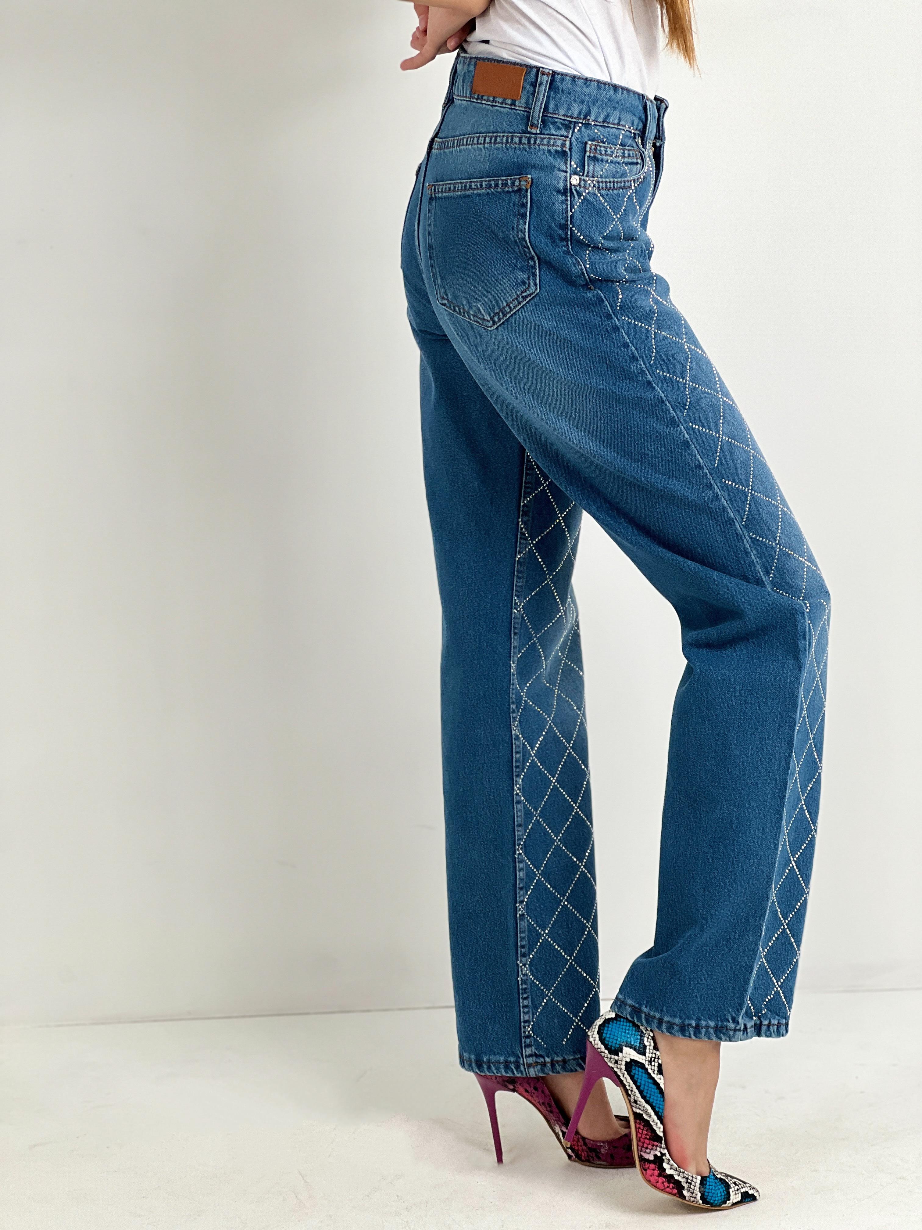 Kadın Çapraz Taş Baskılı Wide Leg Jean - Orta Mavi · 4
