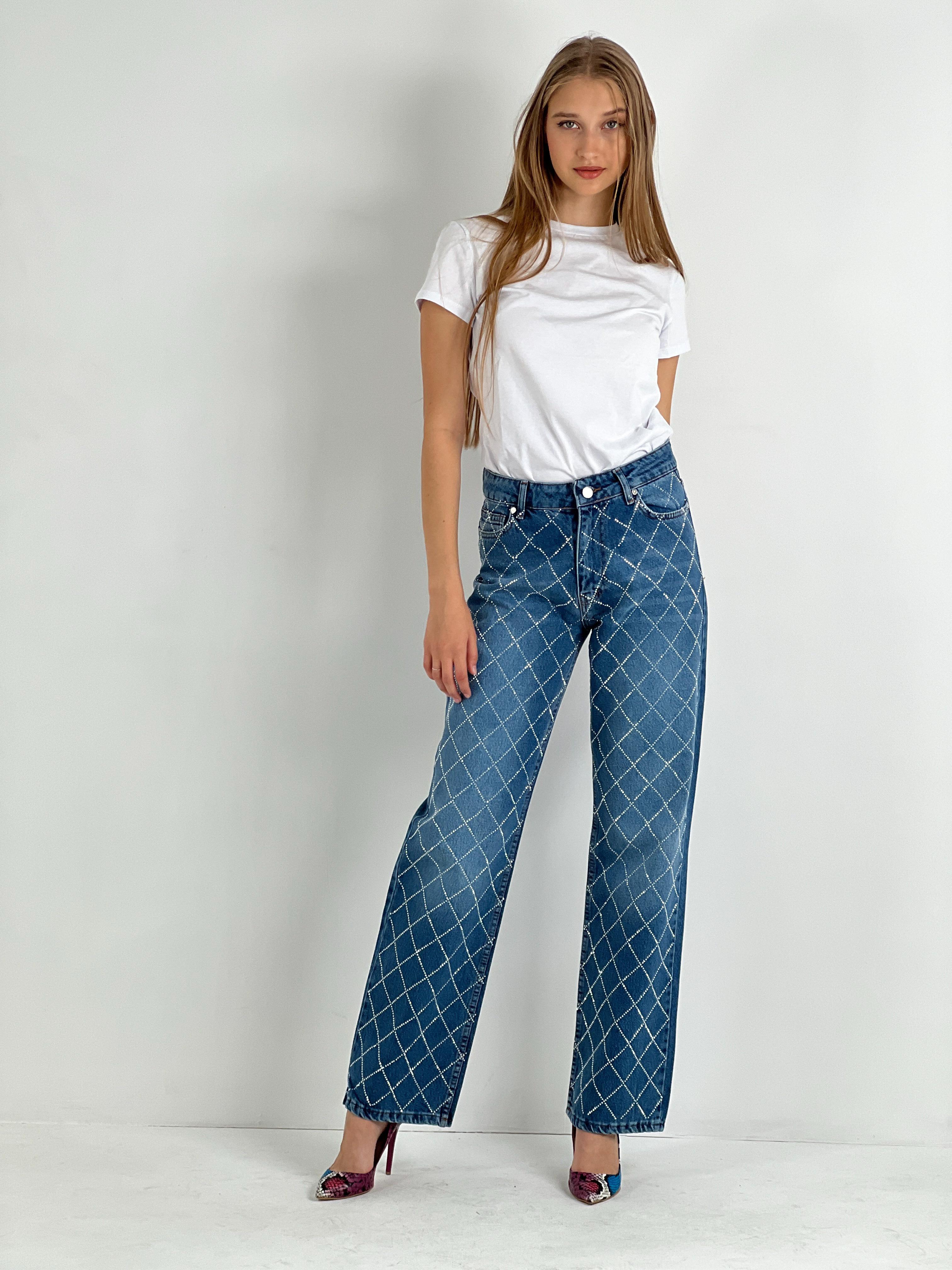 Kadın Çapraz Taş Baskılı Wide Leg Jean - Orta Mavi · 6