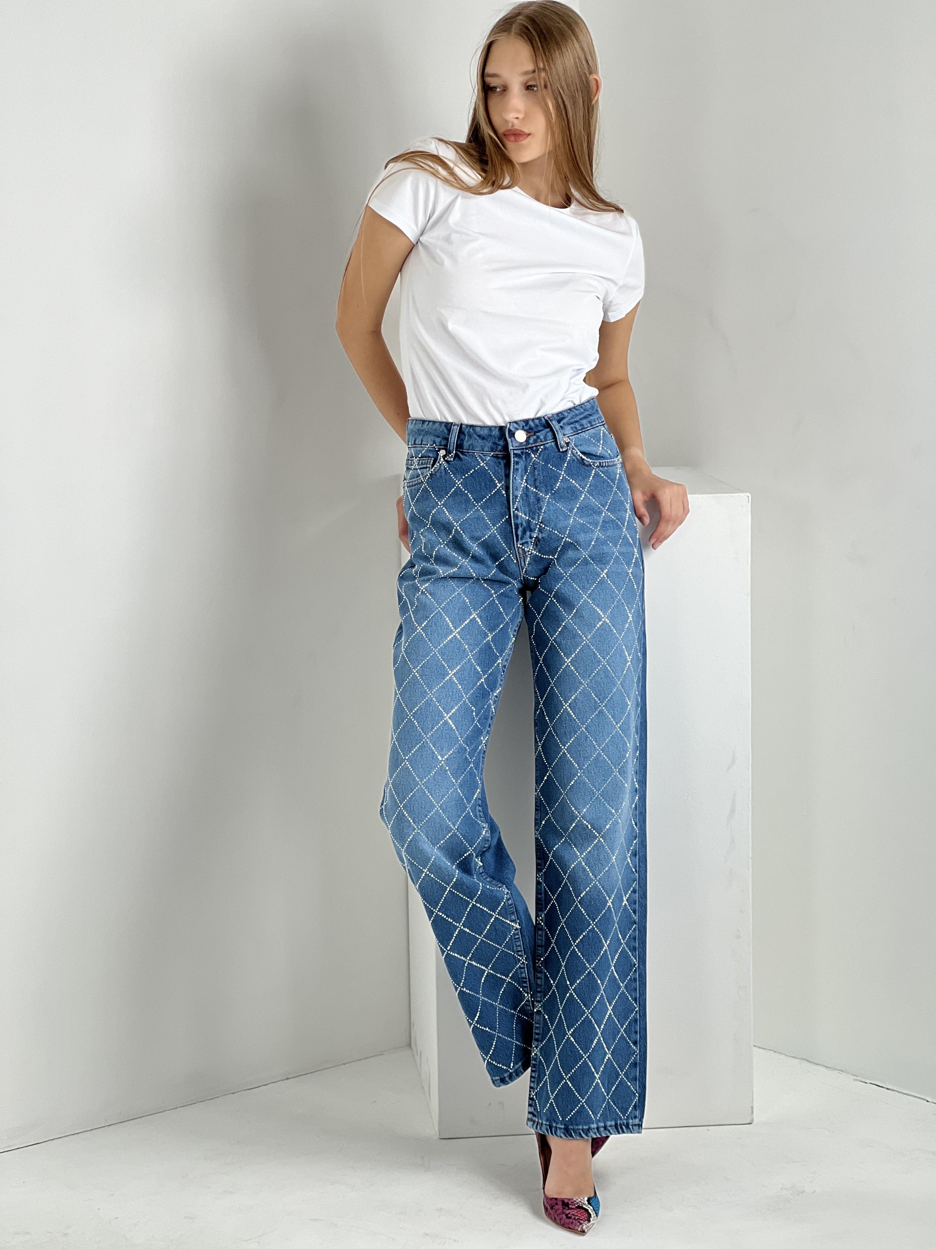 Kadın Çapraz Taş Baskılı Wide Leg Jean - Orta Mavi · 8