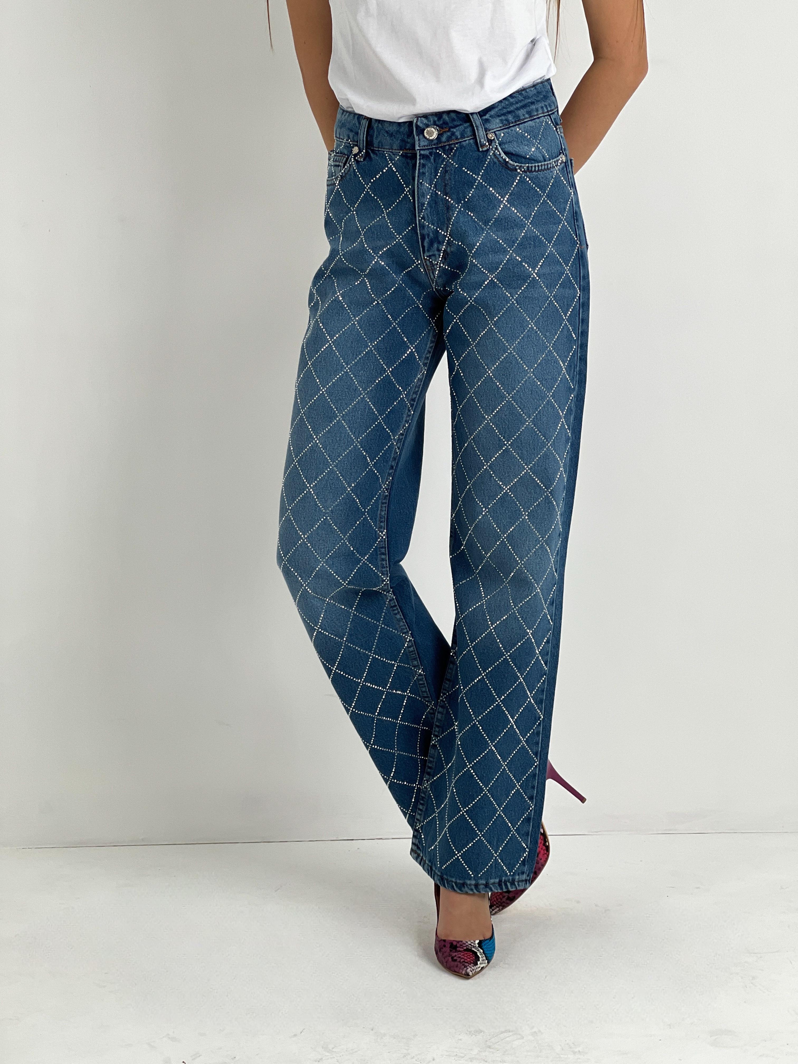 Kadın Çapraz Taş Baskılı Wide Leg Jean - Orta Mavi · 2