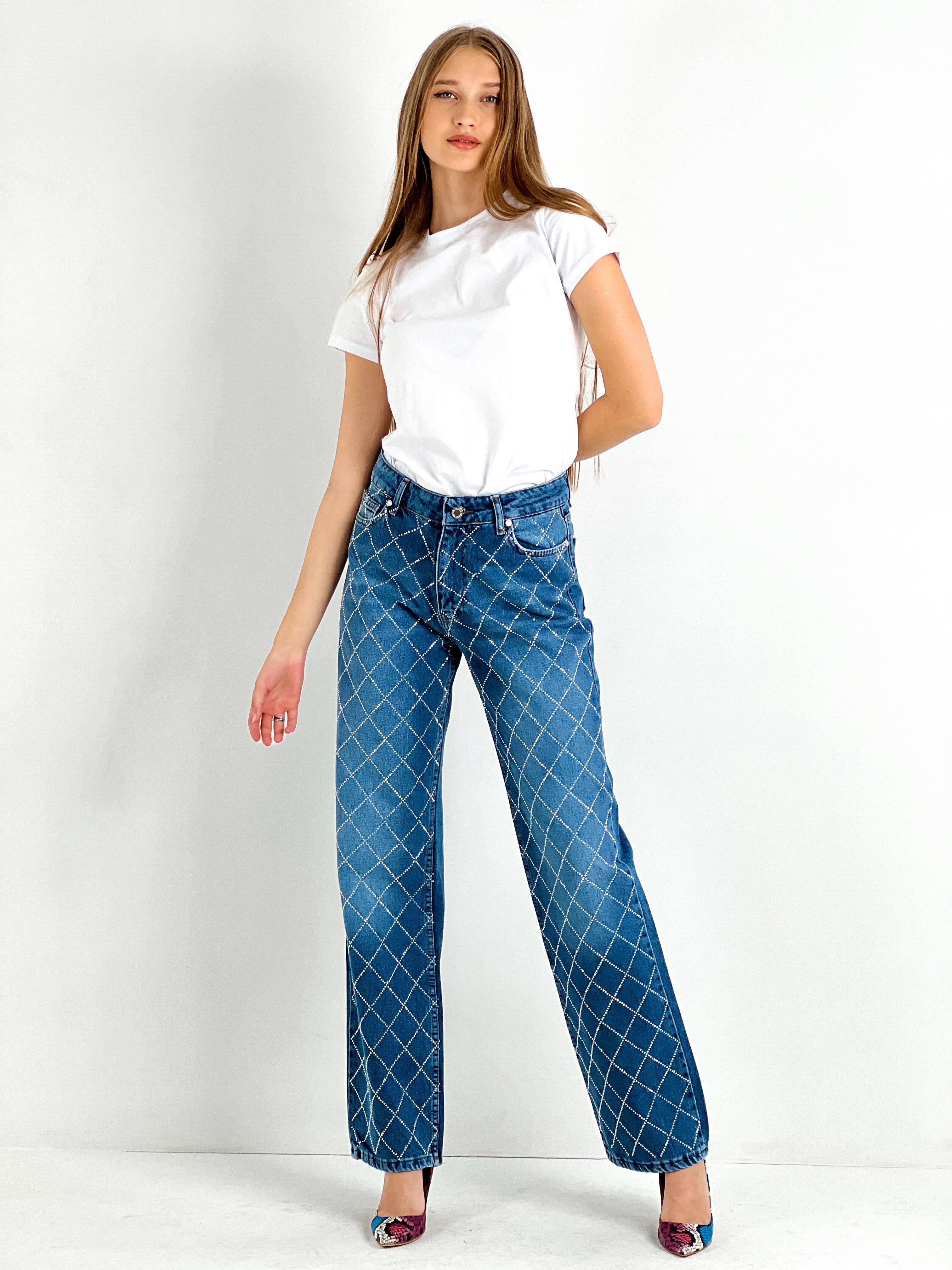 Kadın Çapraz Taş Baskılı Wide Leg Jean - Orta Mavi · 7