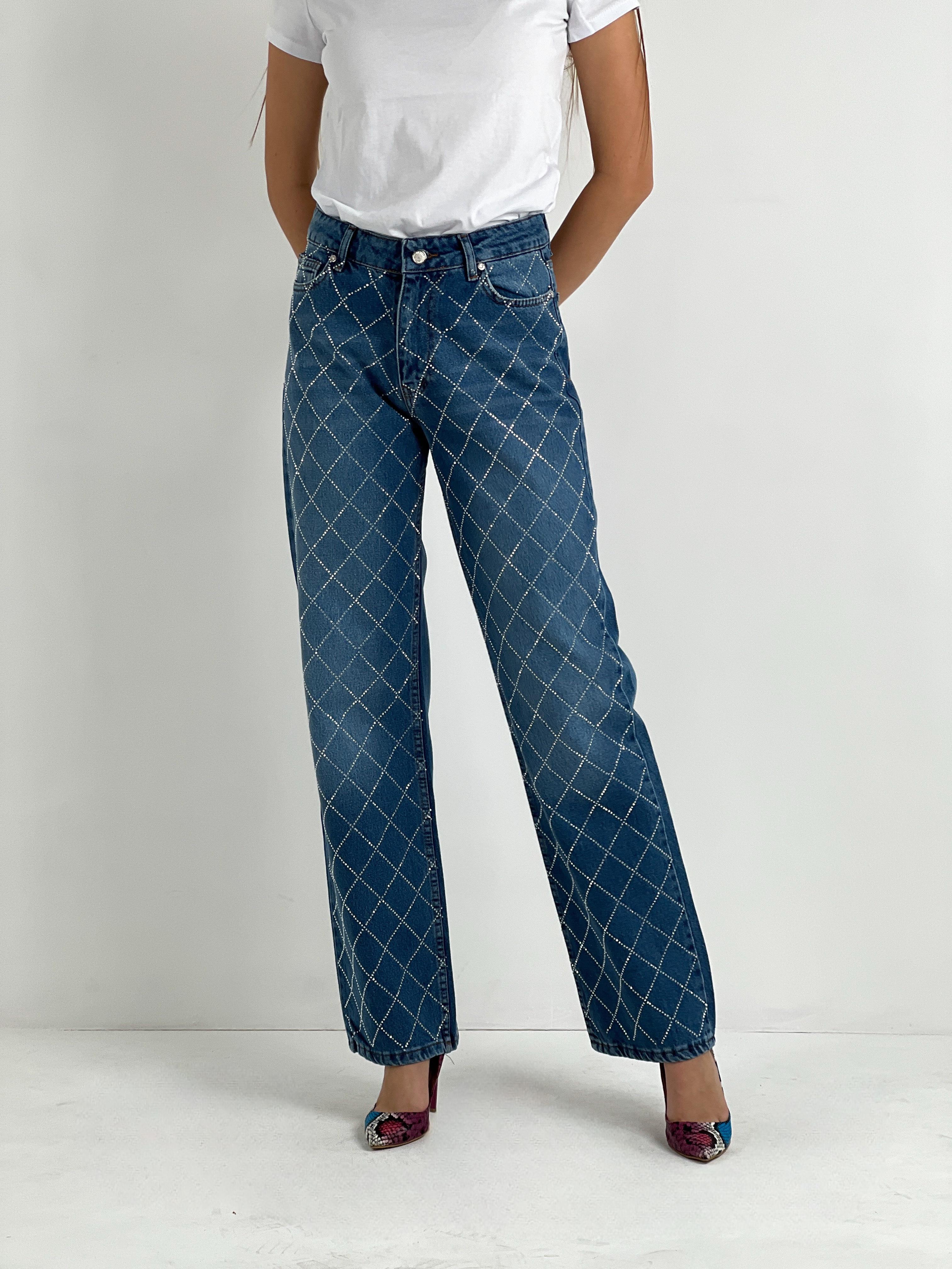 Kadın Çapraz Taş Baskılı Wide Leg Jean - Orta Mavi