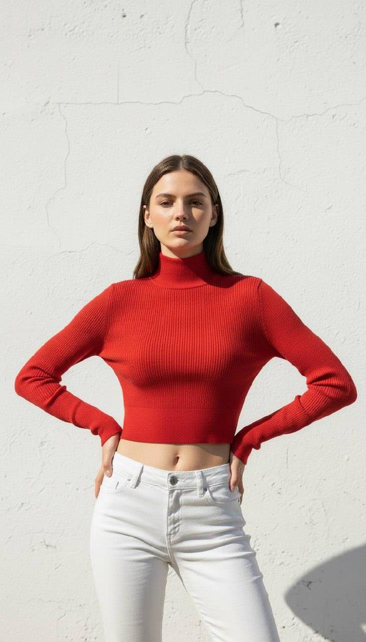 Kadın Kırmızı Balıkçı Yaka Fitilli Crop Triko Kazak · 5