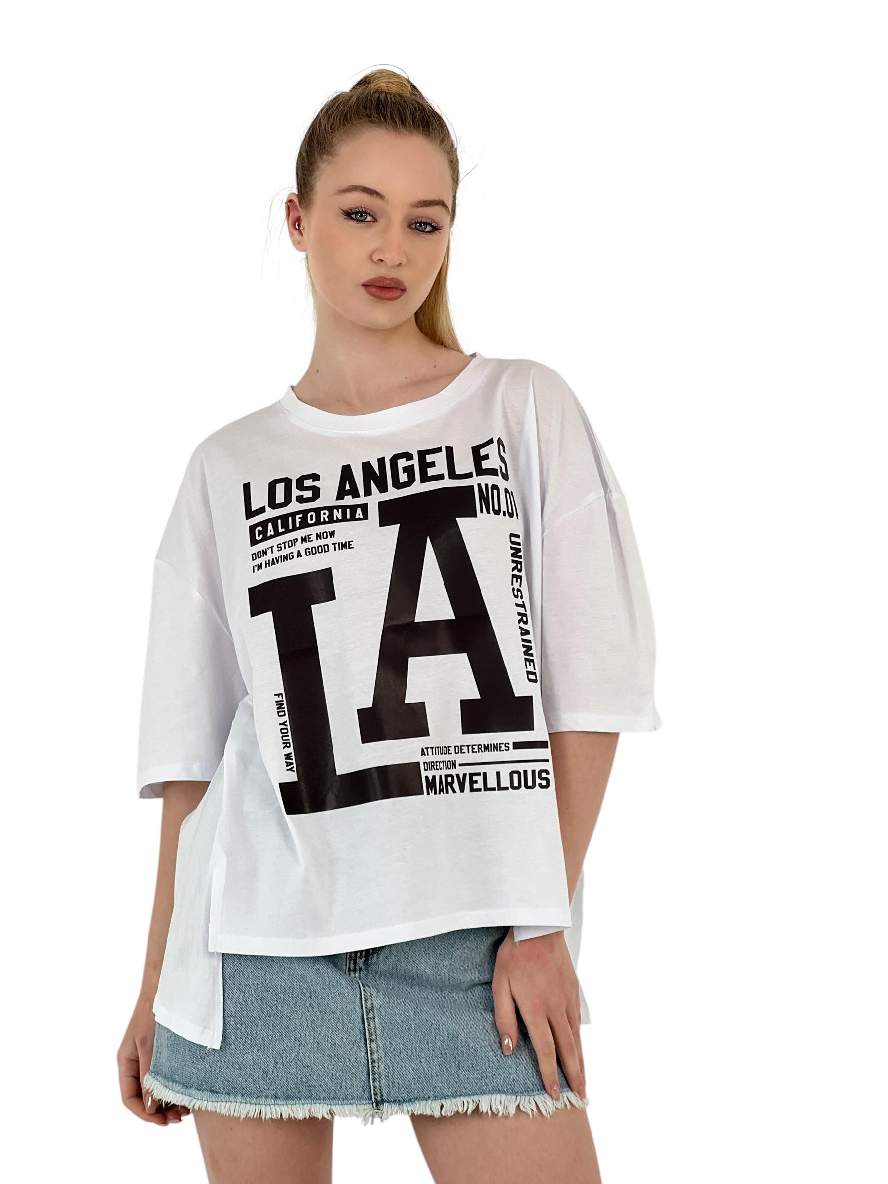 Kadın LA Baskılı Kısa Kollu Oversize Siyah Tişört · 5