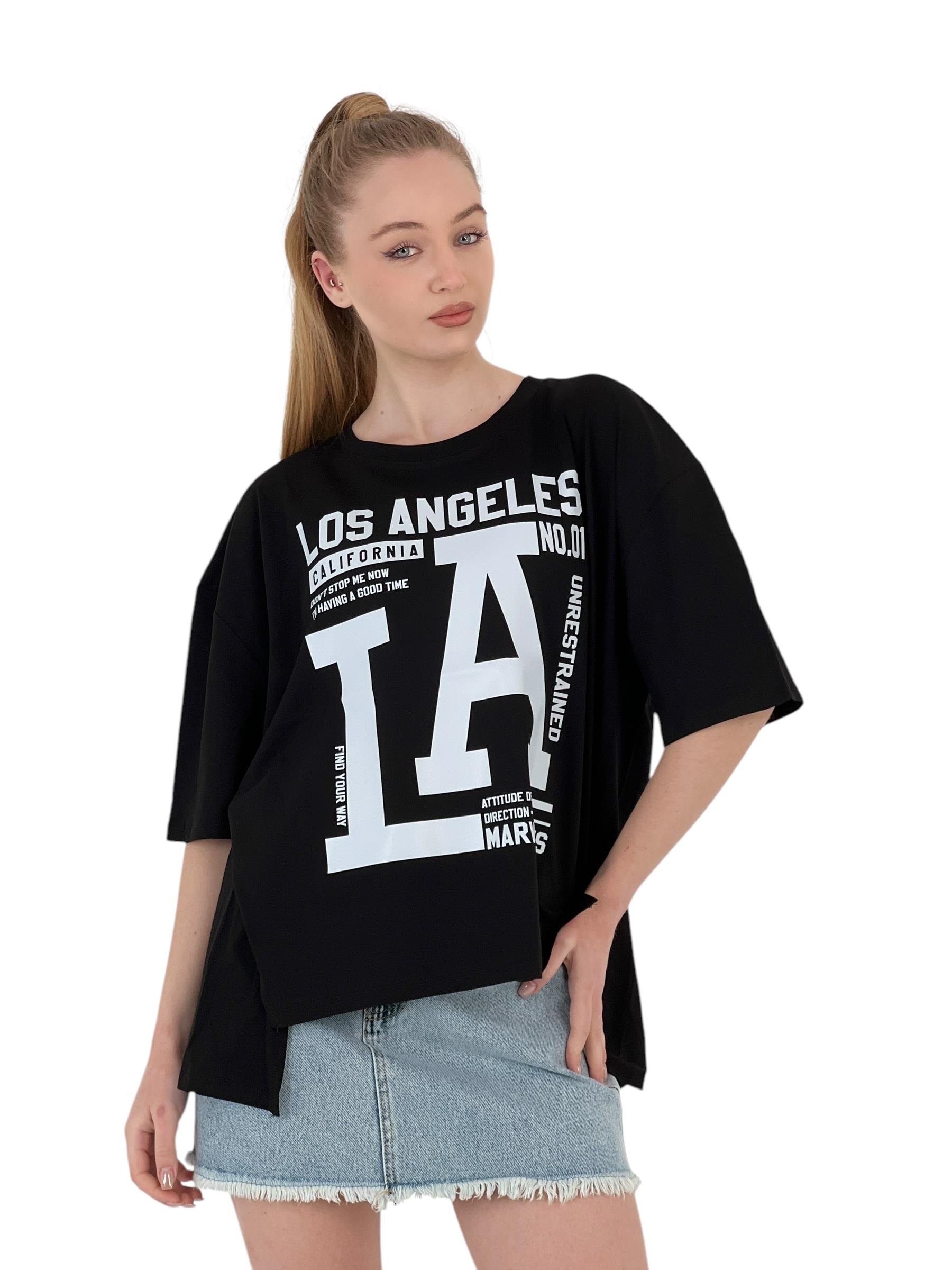 Kadın LA Baskılı Kısa Kollu Oversize Siyah Tişört · 4