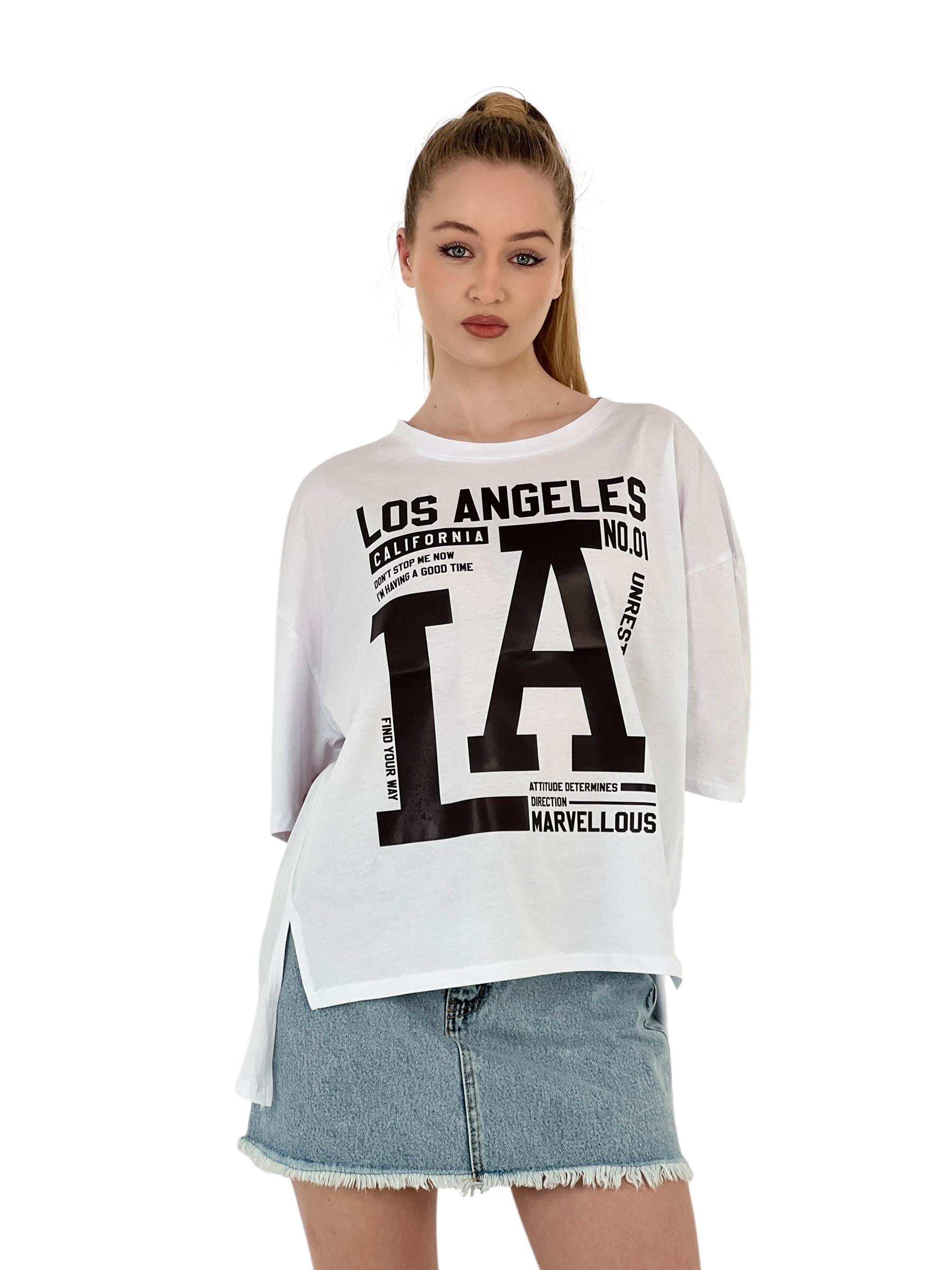 Kadın LA Baskılı Kısa Kollu Oversize Siyah Tişört · 25