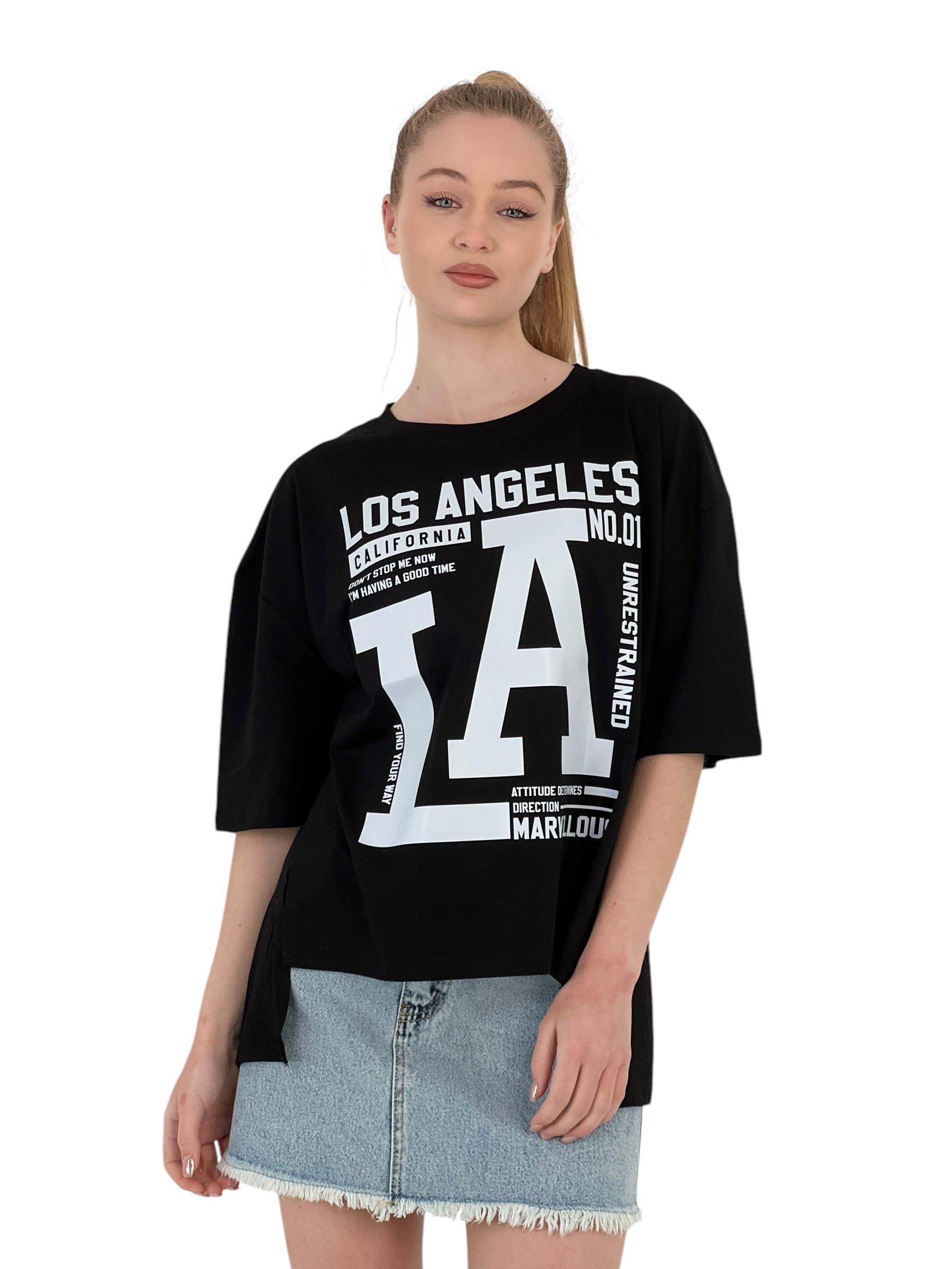Kadın LA Baskılı Kısa Kollu Oversize Siyah Tişört · 20