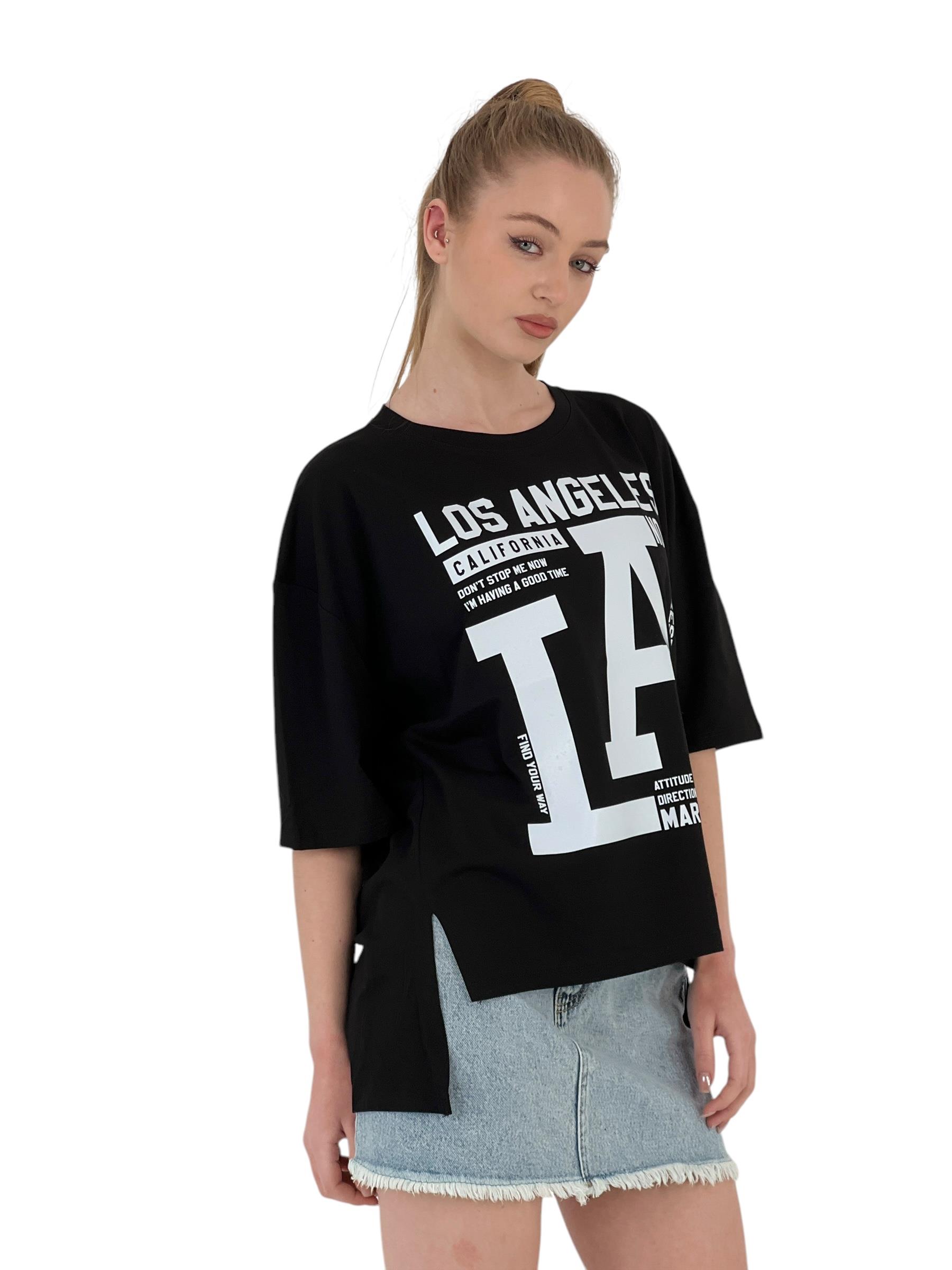Kadın LA Baskılı Kısa Kollu Oversize Siyah Tişört · 28