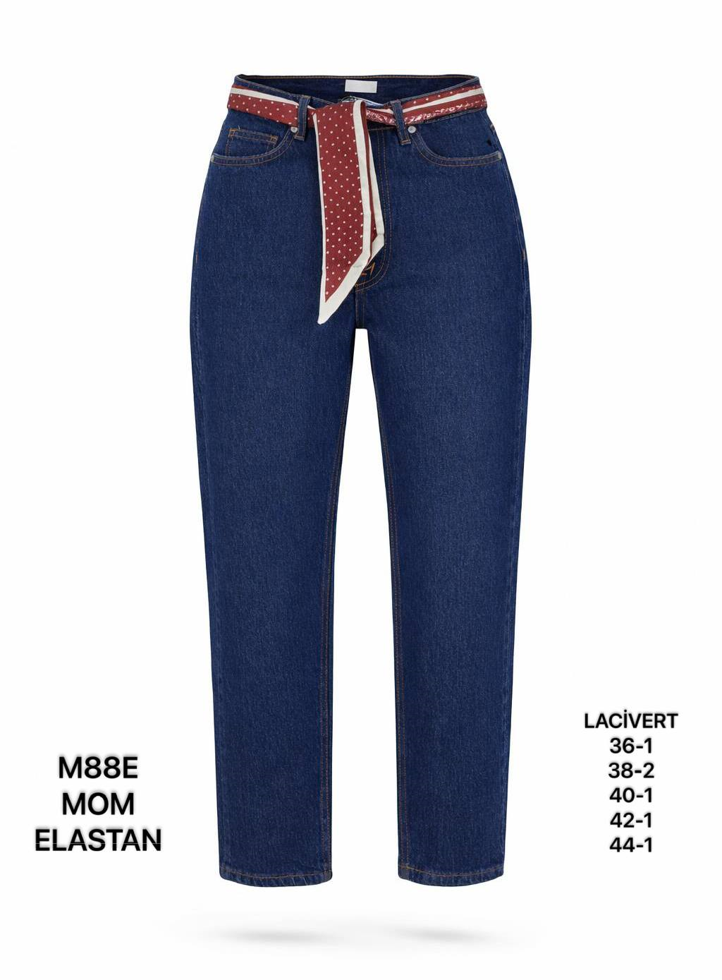 Kadın Lacivert Fular Kemer Detaylı Yüksek Bel Mom Fit Jean Pantolon