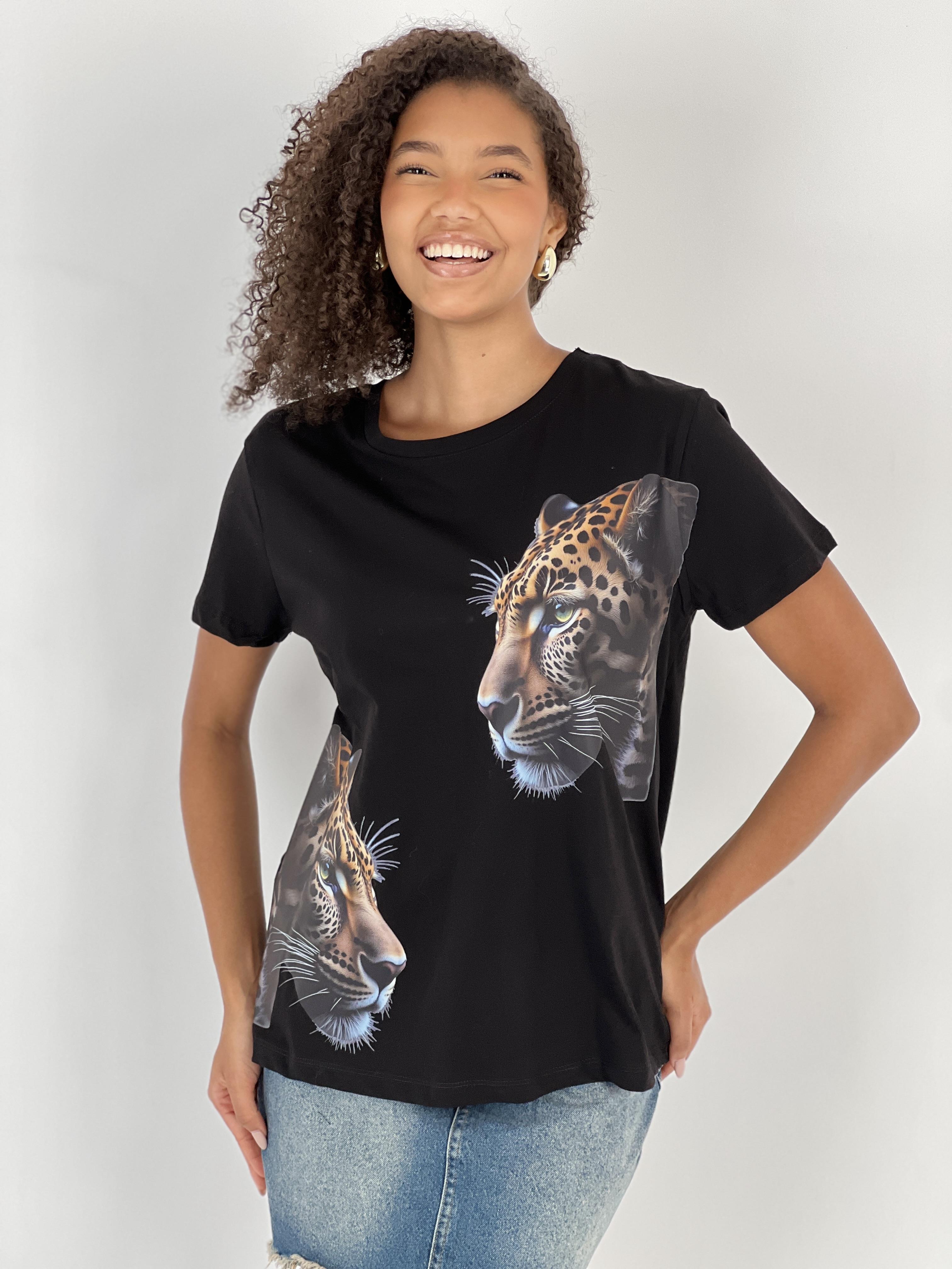 Kadın Leopar Desenli Siyah Tişört