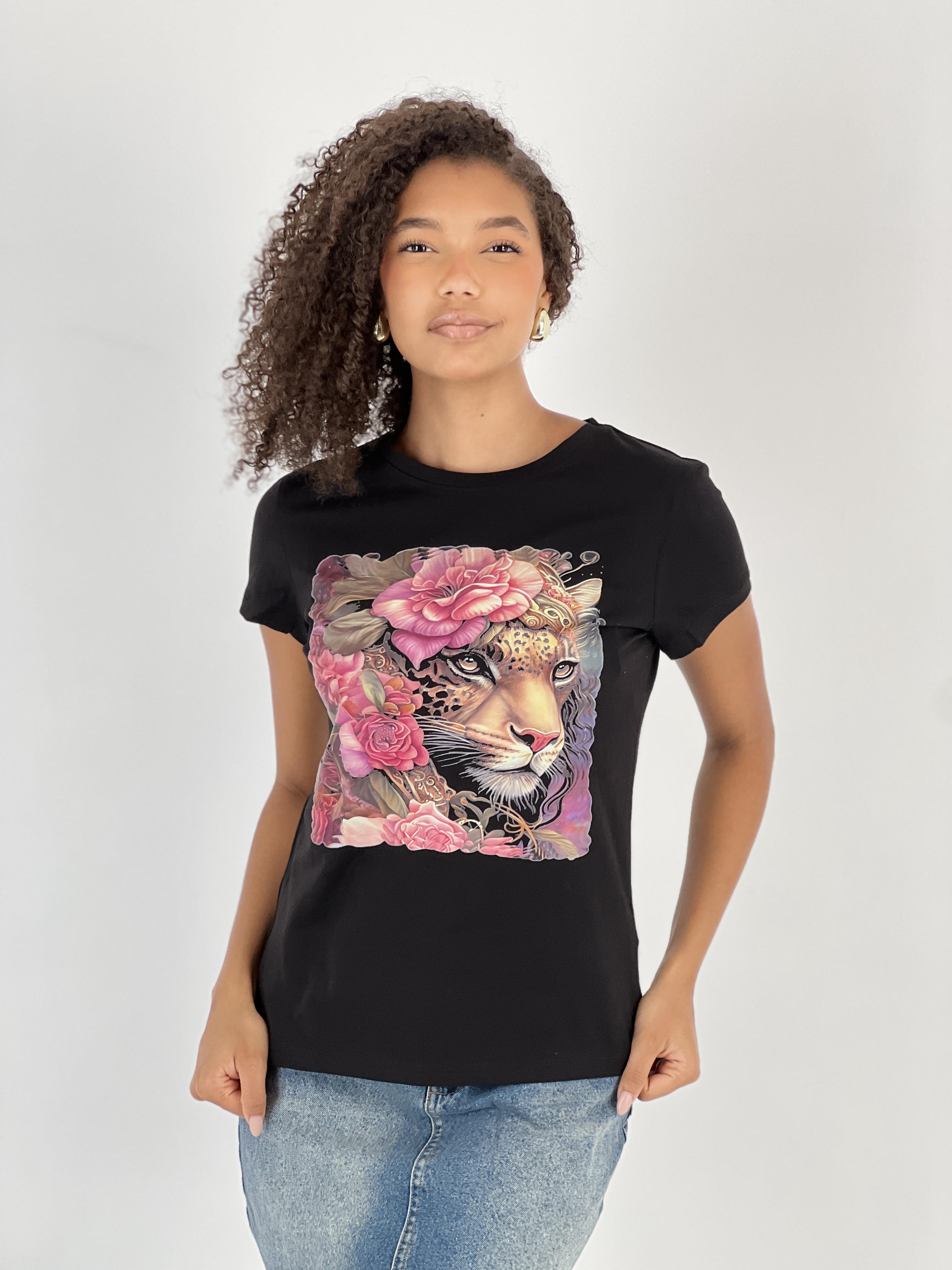 Kadın Leopar ve Gül Desenli Siyah T-Shirt · 4
