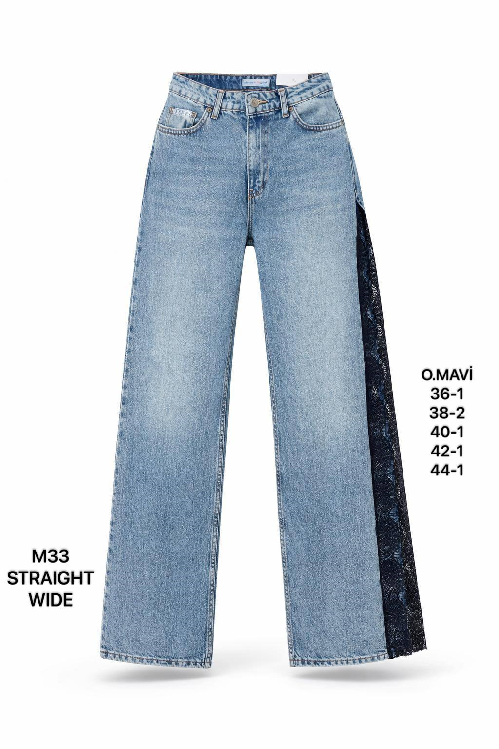 Kadın Mavi Dantel Detaylı Straight Wide Jean Pantolon
