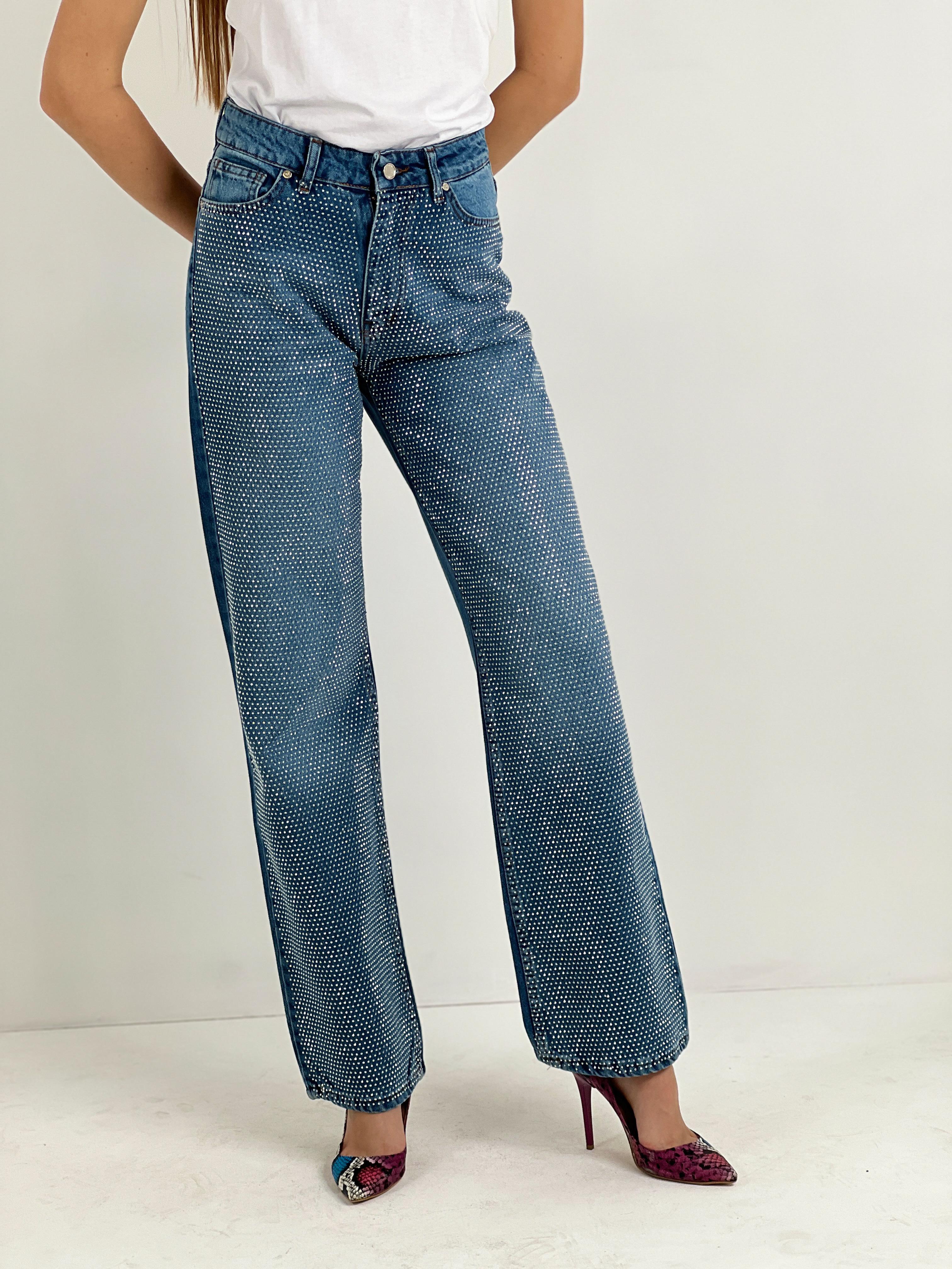 Kadın Önü Taş İşlemeli Wide Leg Jean - Orta Mavi