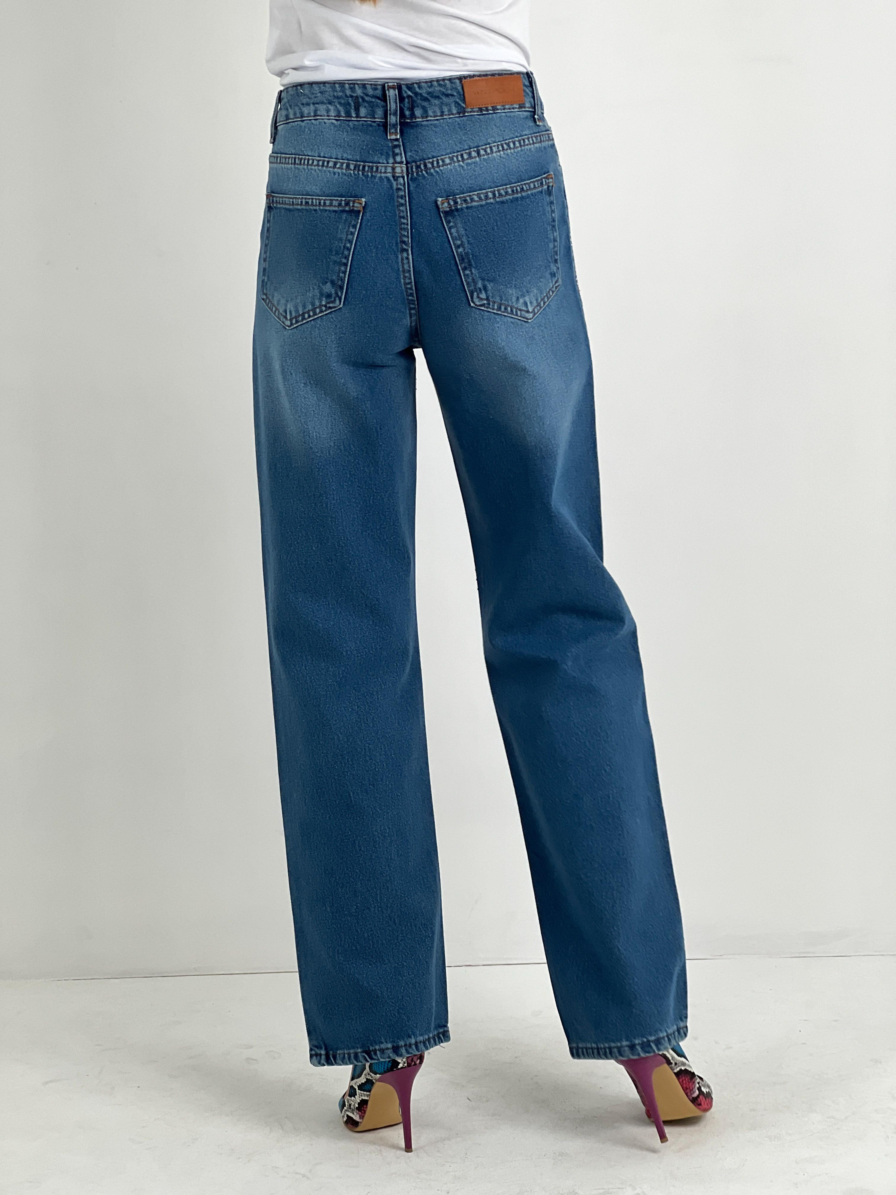 Kadın Önü Taş İşlemeli Wide Leg Jean - Orta Mavi · 3